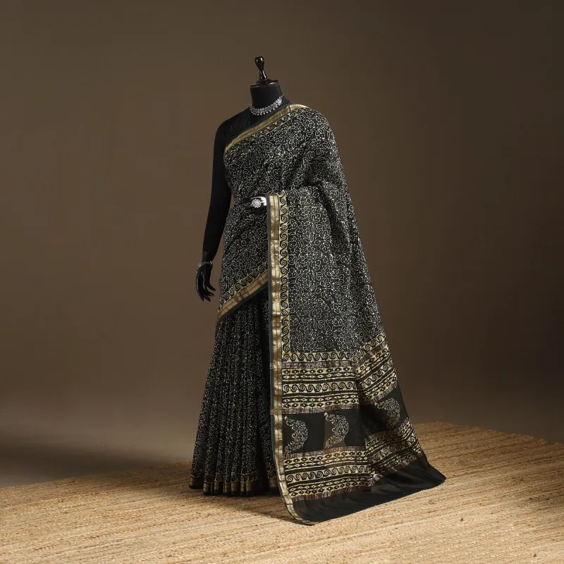Black - Chanderi Silk Hand Block Batik Print Saree 17 sold by Itokri
