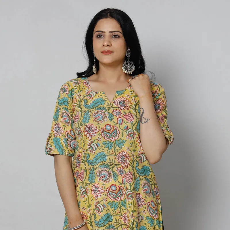 Yellow - Sanganeri Block Printed Cotton Long Straight Kurta sold by Itokri