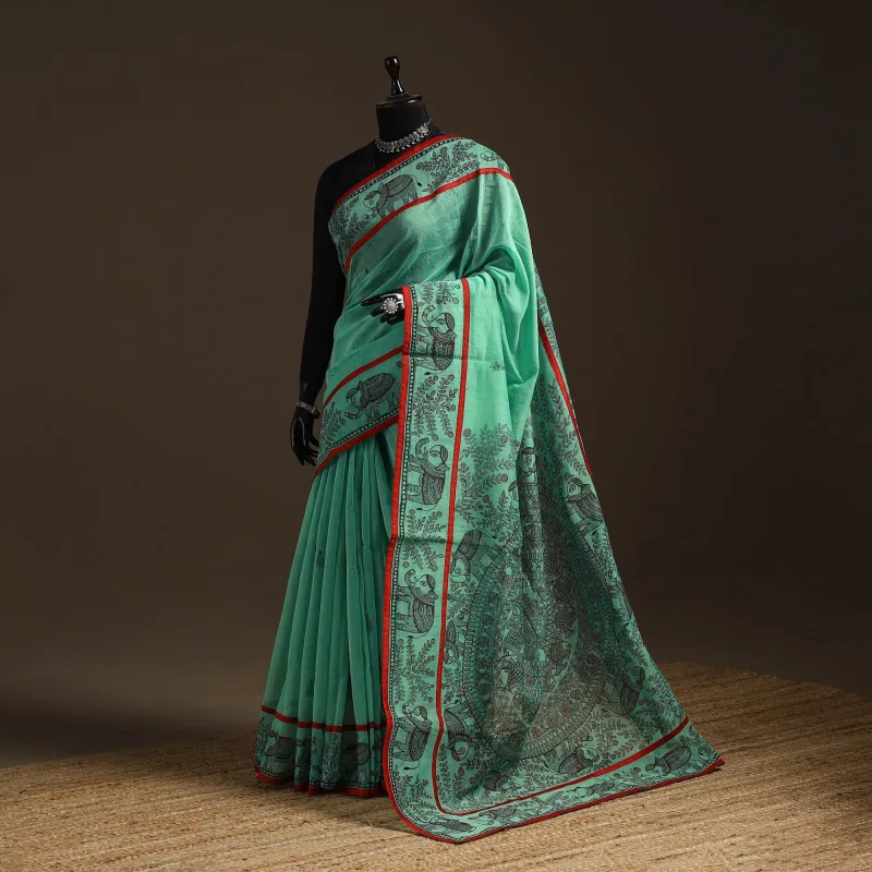 Green - Handloom Silk Cotton Handpainted Madhubani Saree 06 made by Itokri