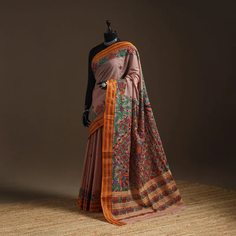 Brown - Handloom Silk Cotton Zari Border Handpainted Madhubani Saree 01 sold by Itokri
