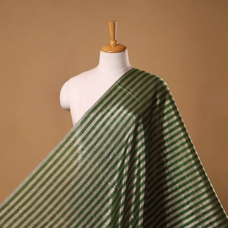 Green - Handloom Full Tissue Silver Zari Stripes Chanderi Silk Fabric 27 made by Itokri