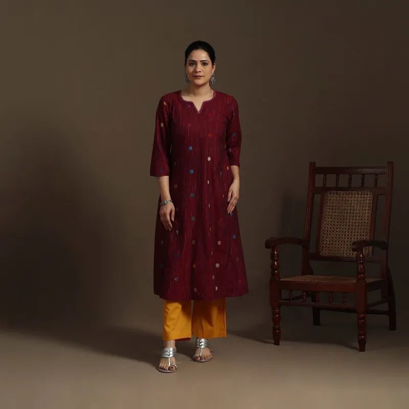 Maroon - A-Line Cotton Hand Embroidered Jacquard Kurta for women 24 made by Itokri