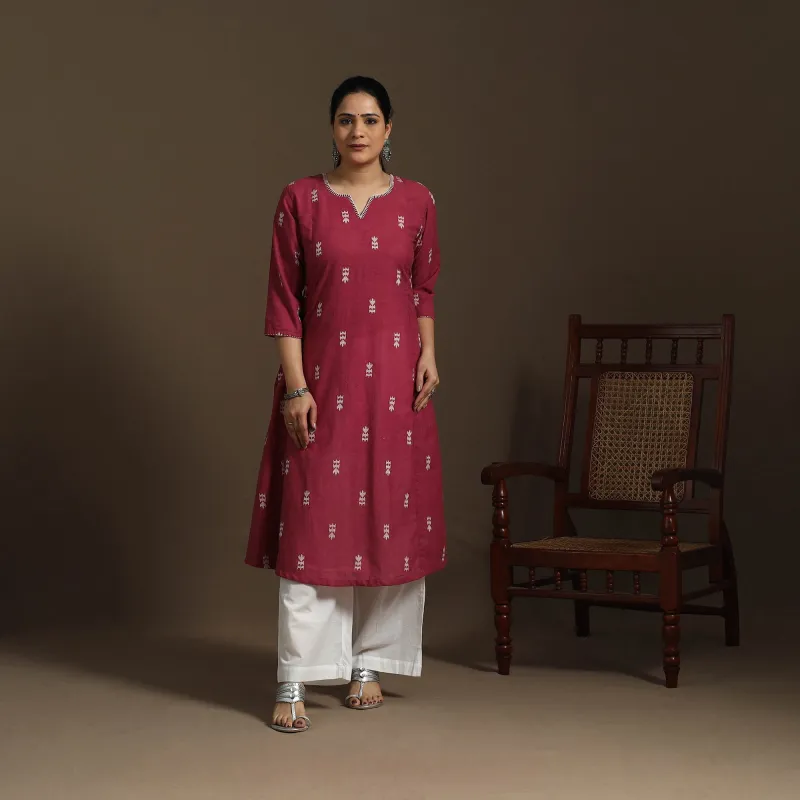 Red - A-Line Cotton Hand Embroidered Jacquard Kurta for women 22 sold by Itokri