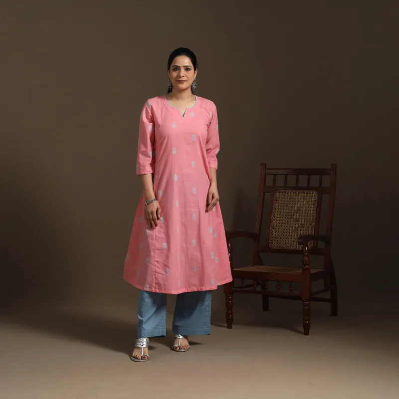 Pink - A-Line Cotton Hand Embroidered Jacquard Kurta for women 21 made by Itokri