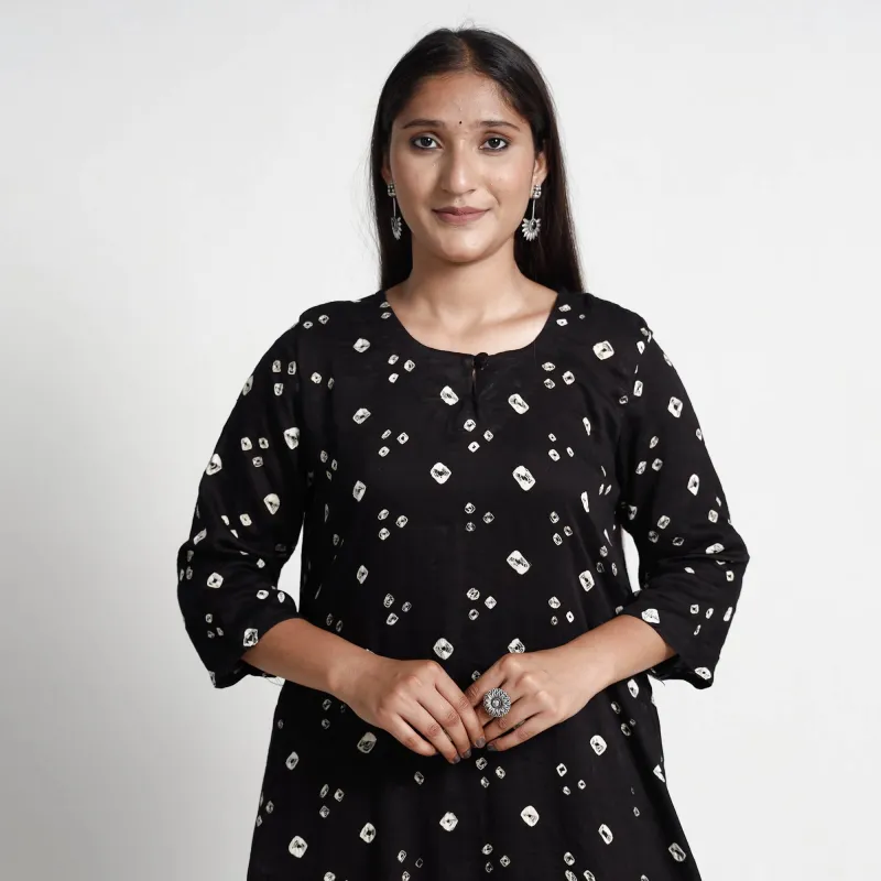 Black - Bandhani Tie-Dye Cotton A-Line Kurta sold by Itokri