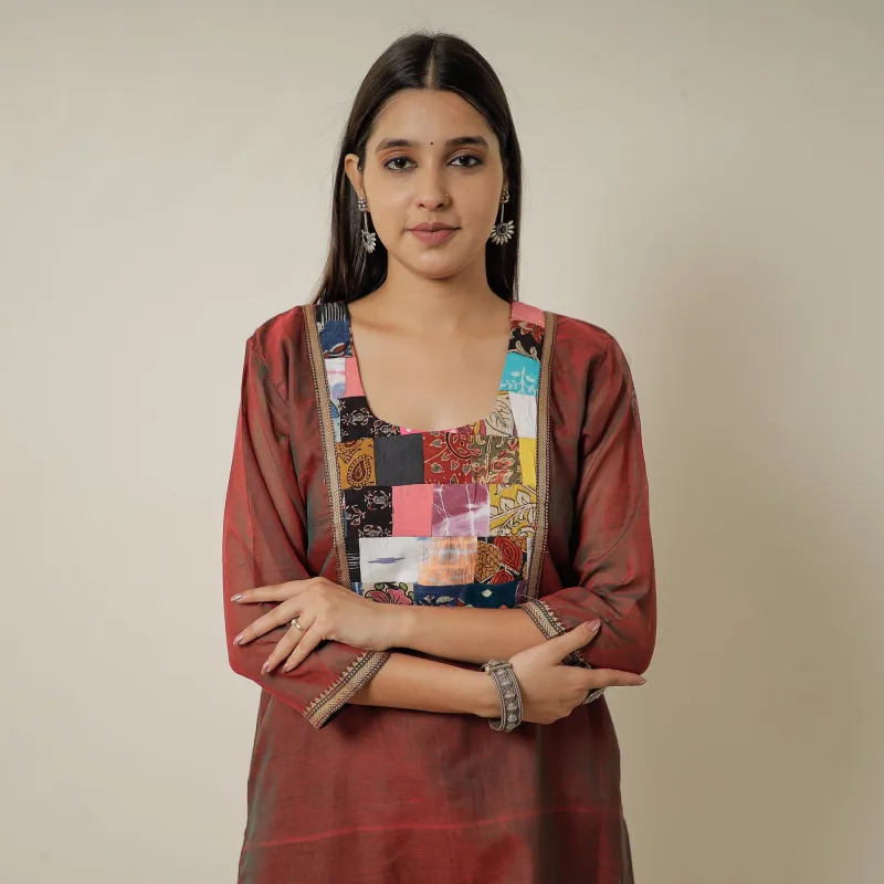 Maroon - Dharwad Mercerised Cotton Straight Kurta with Patchwork 12 sold by Itokri