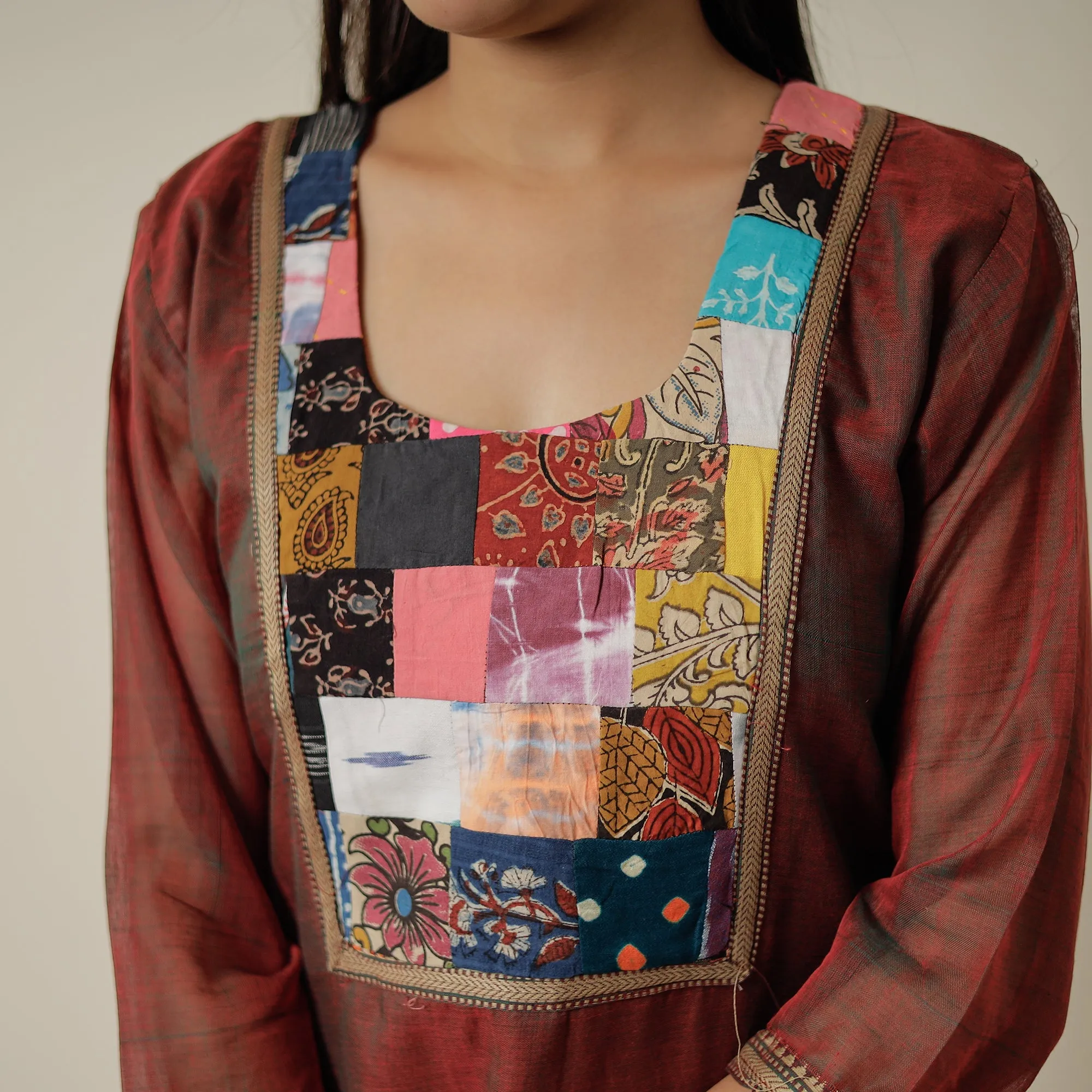 Maroon - Dharwad Mercerised Cotton Straight Kurta with Patchwork 12 sold by Itokri product image thumbnail 5