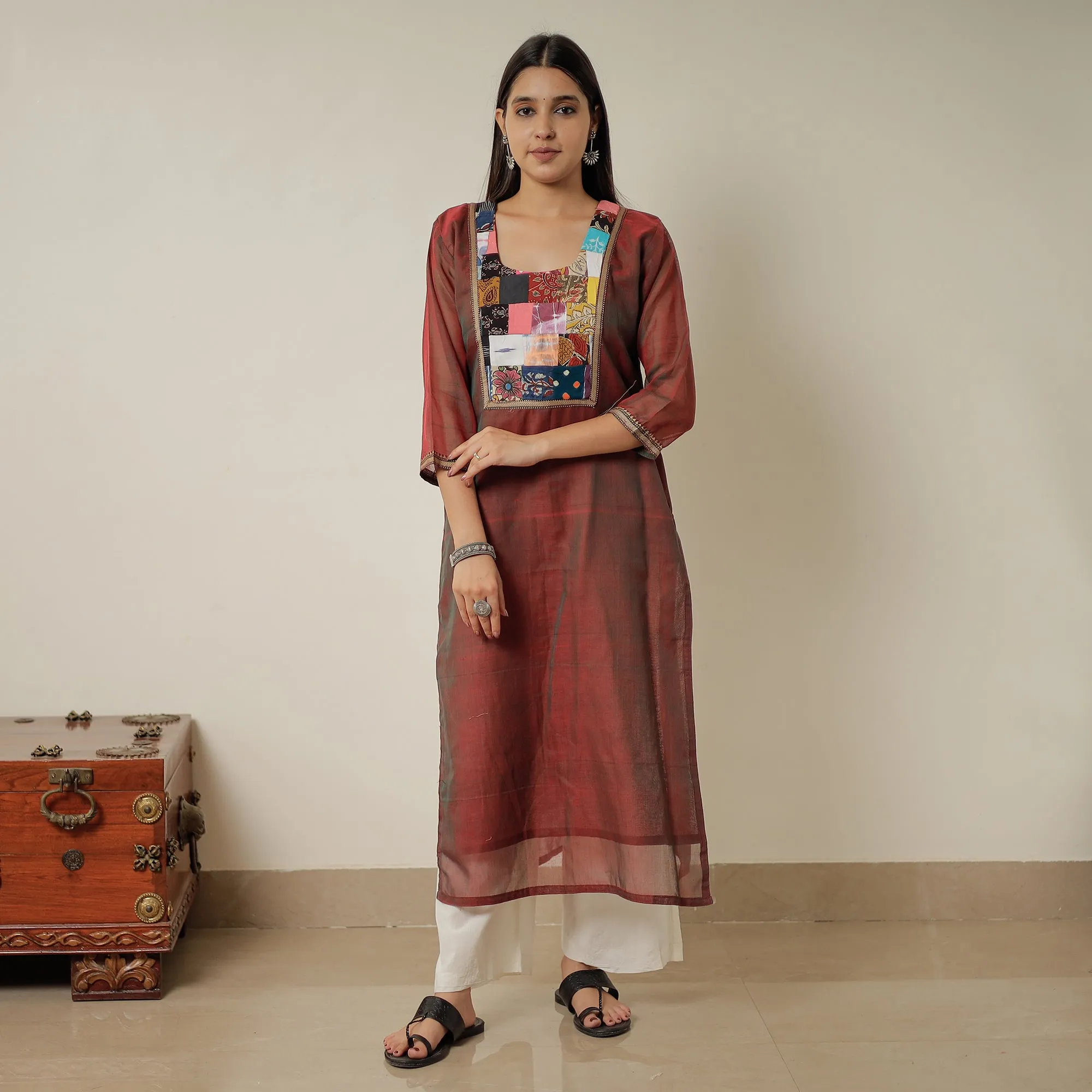 Maroon - Dharwad Mercerised Cotton Straight Kurta with Patchwork 12 sold by Itokri product image thumbnail 3