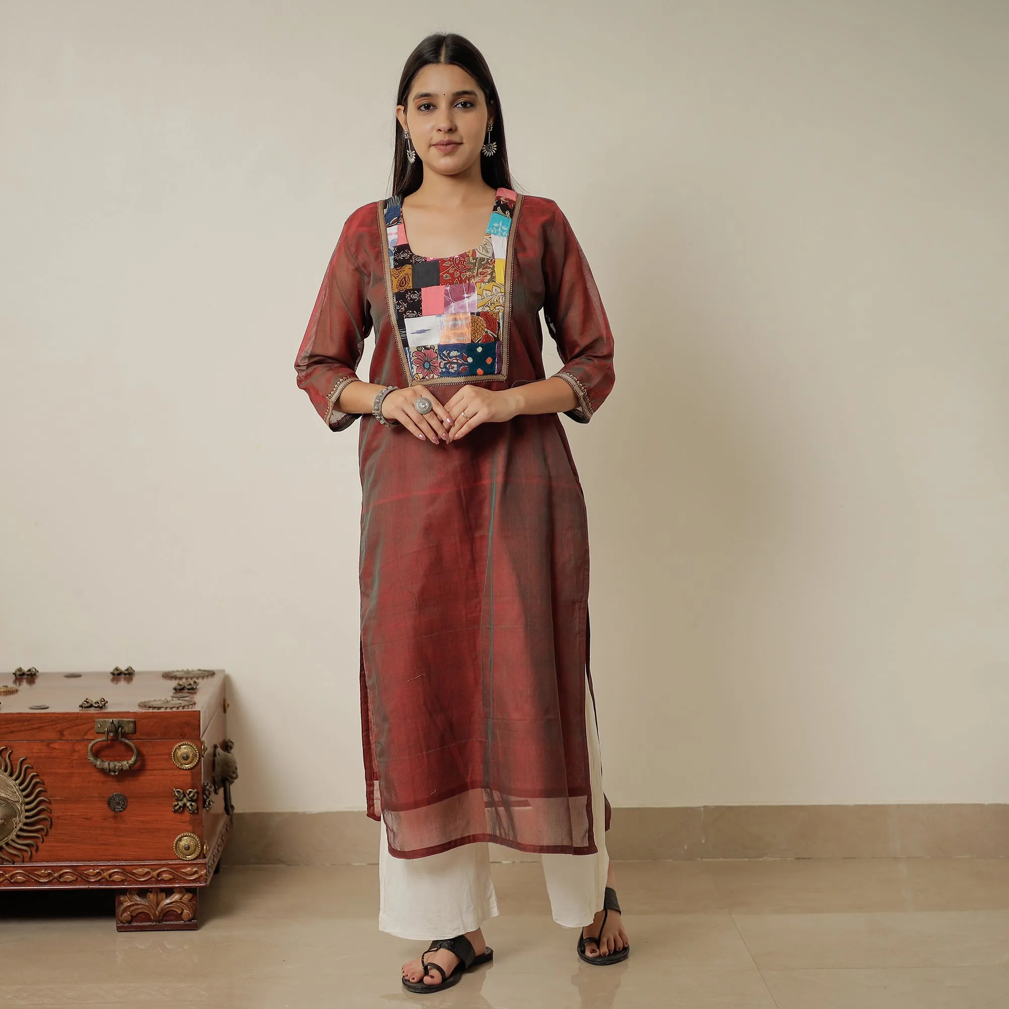 Maroon - Dharwad Mercerised Cotton Straight Kurta with Patchwork 12 sold by Itokri product image thumbnail 2