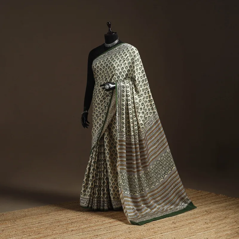 Beige - Modal Silk Hand Block Print Bagru Saree 35 sold by Itokri