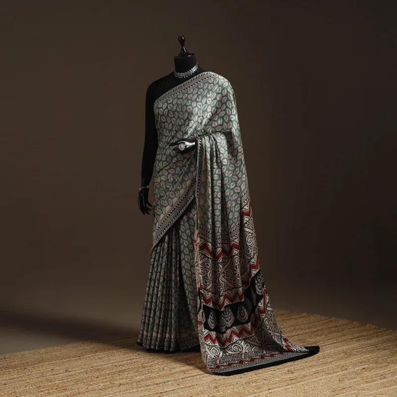 Green - Modal Silk Hand Block Print Bagru Saree 33 sold by Itokri