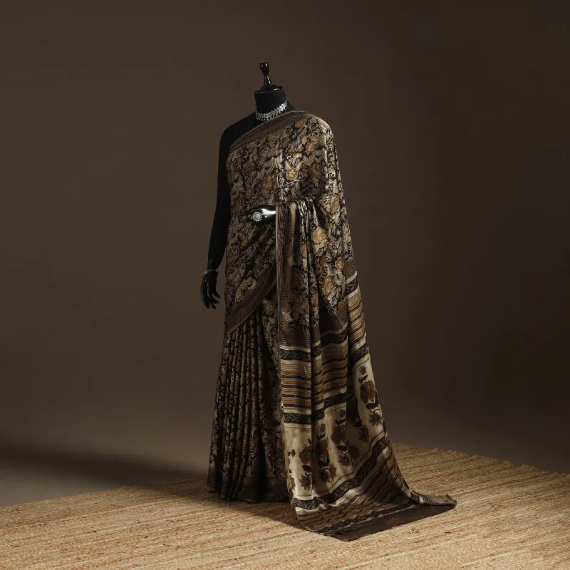 Brown - Modal Silk Hand Block Print Bagru Saree 29 made by Itokri