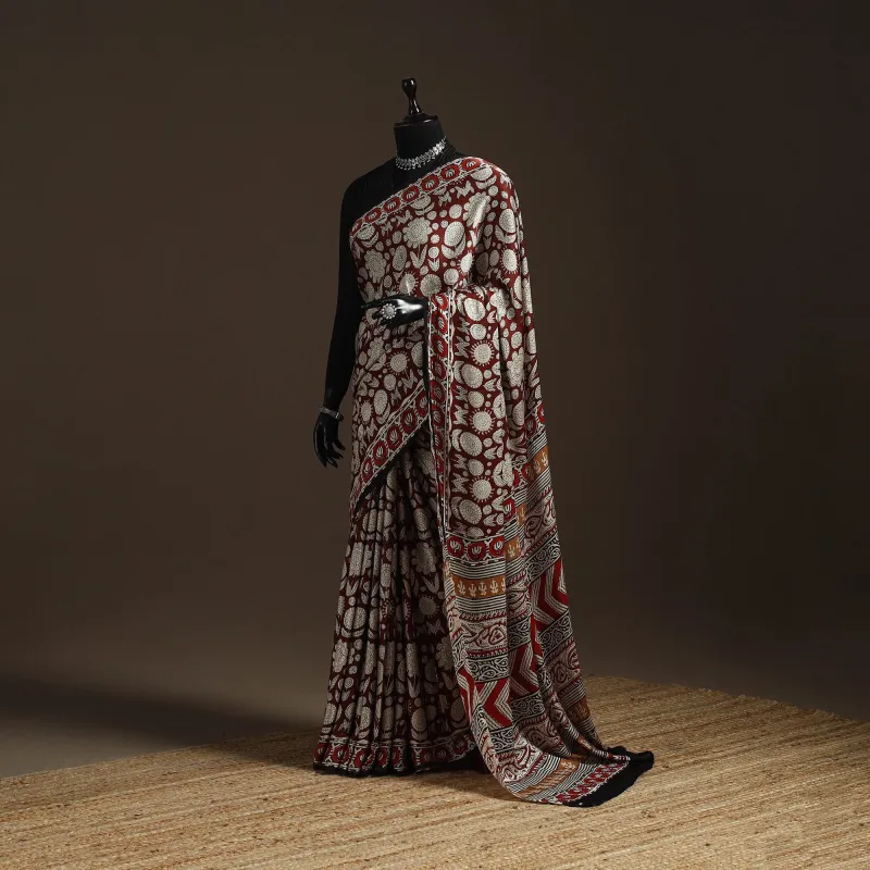Maroon - Modal Silk Hand Block Print Bagru Saree 25 sold by Itokri