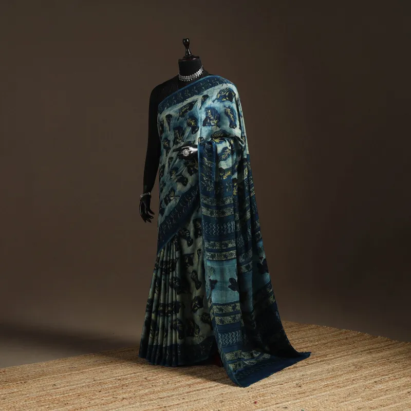 Blue - Modal Silk Hand Block Print Bagru Saree 13 sold by Itokri