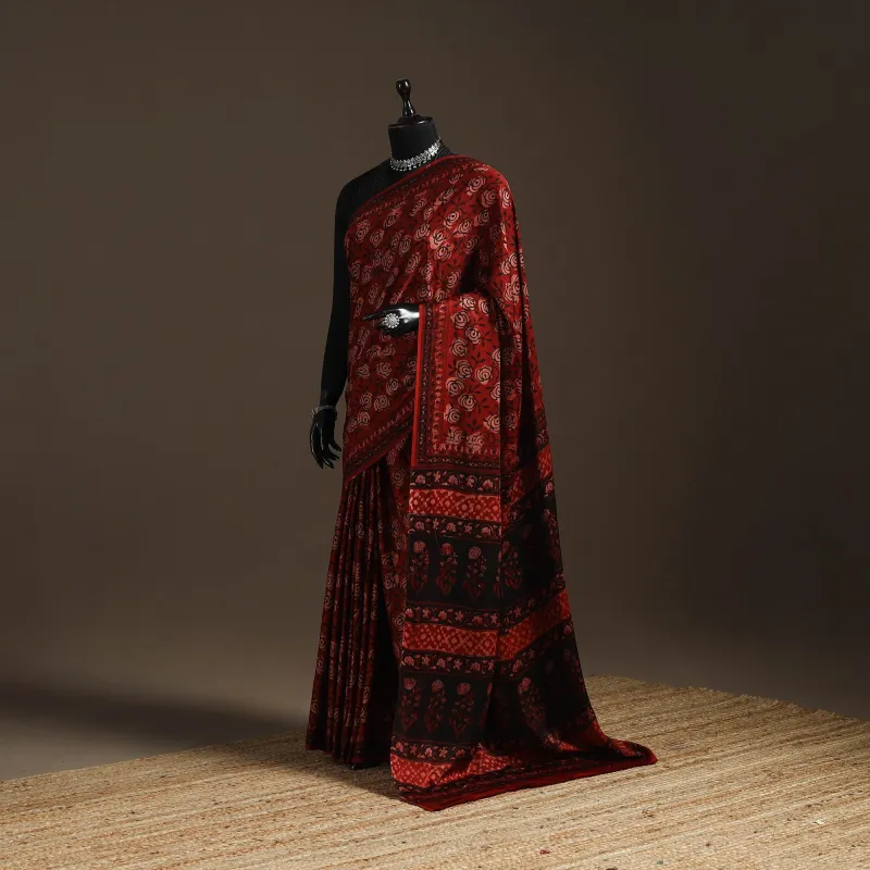 Red - Modal Silk Hand Block Print Bagru Saree 11 sold by Itokri