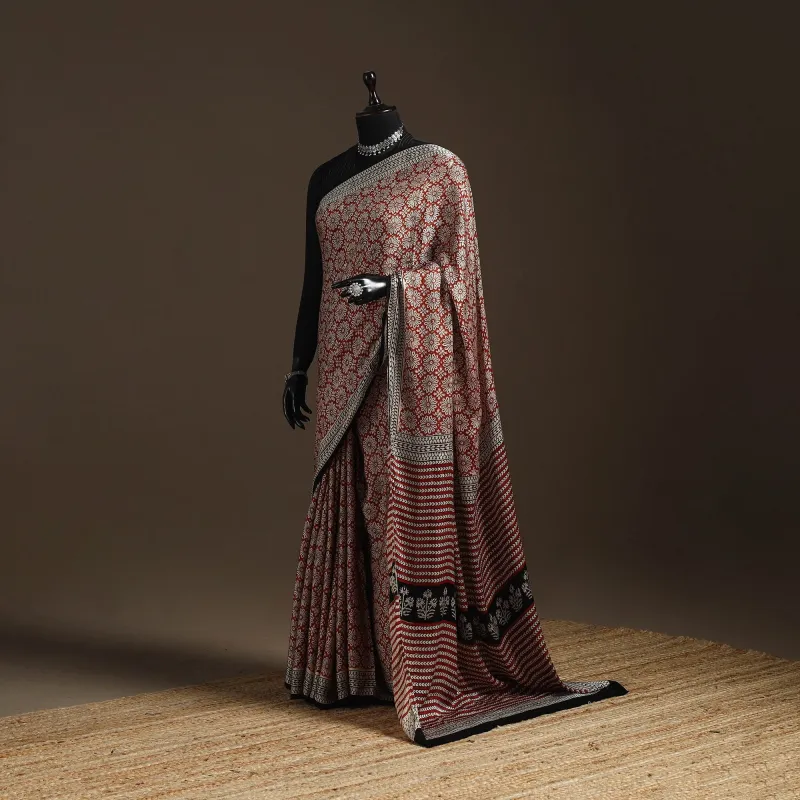 Red - Modal Silk Hand Block Print Bagru Saree 17 sold by Itokri