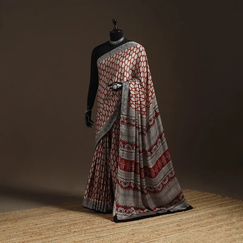 Red - Modal Silk Hand Block Print Bagru Saree 15 sold by Itokri