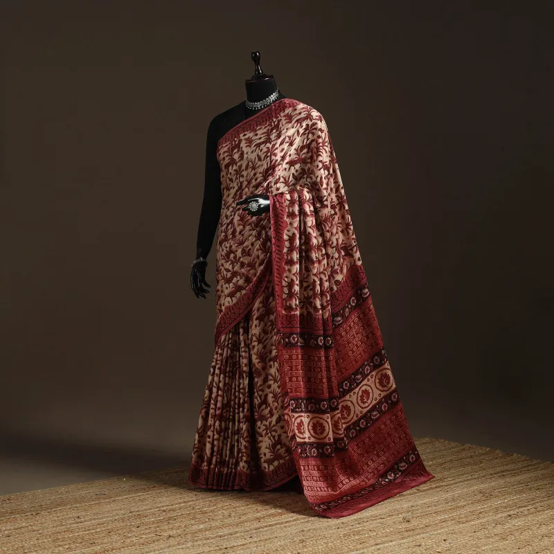 Red - Modal Silk Hand Block Print Bagru Saree 14 sold by Itokri