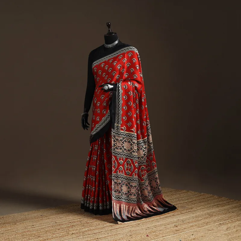 Red - Modal Silk Hand Block Print Bagru Saree 10 sold by Itokri