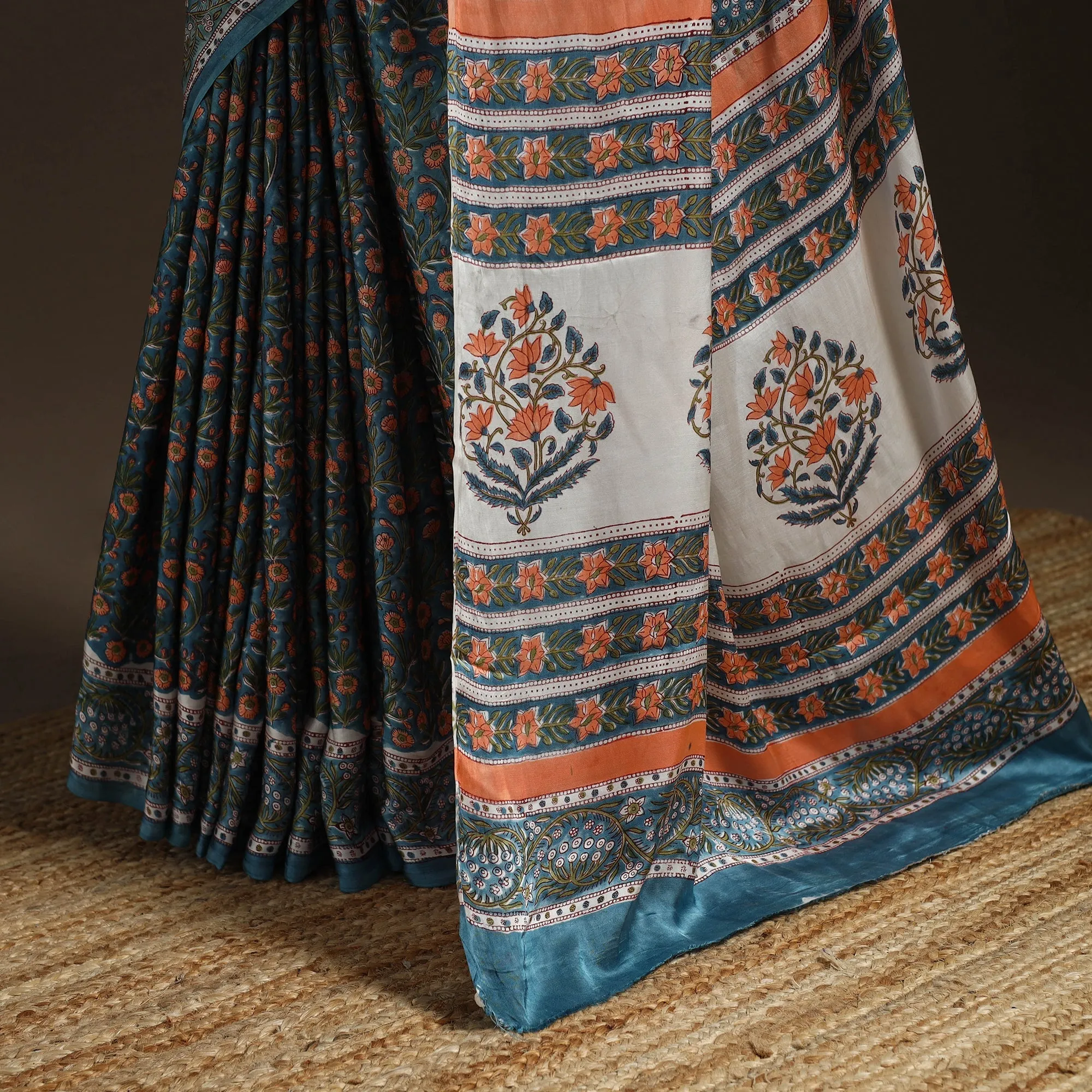 Blue - Modal Silk Hand Block Sanganeri Print Saree 09 sold by Itokri product image thumbnail 4