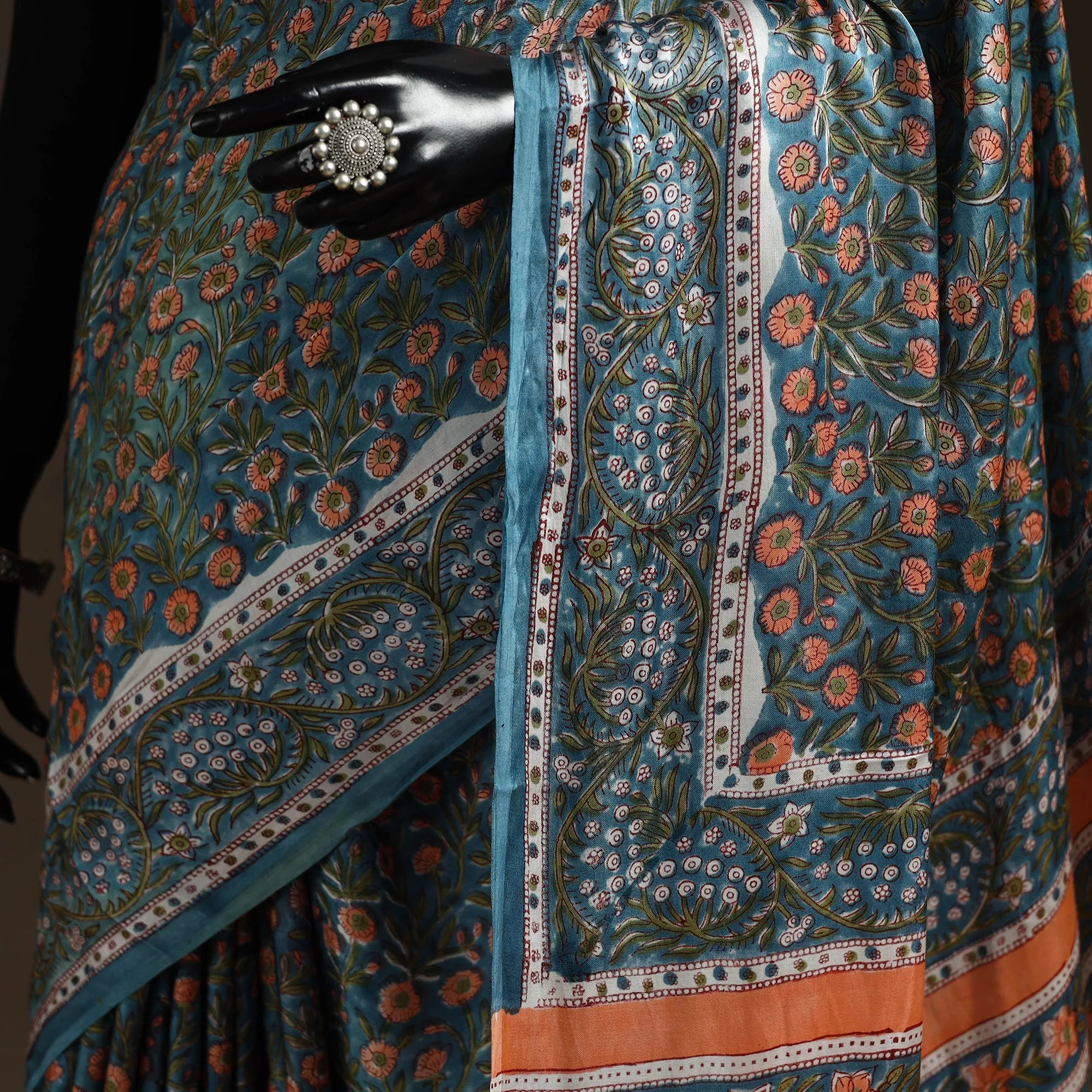 Blue - Modal Silk Hand Block Sanganeri Print Saree 09 sold by Itokri product image thumbnail 3