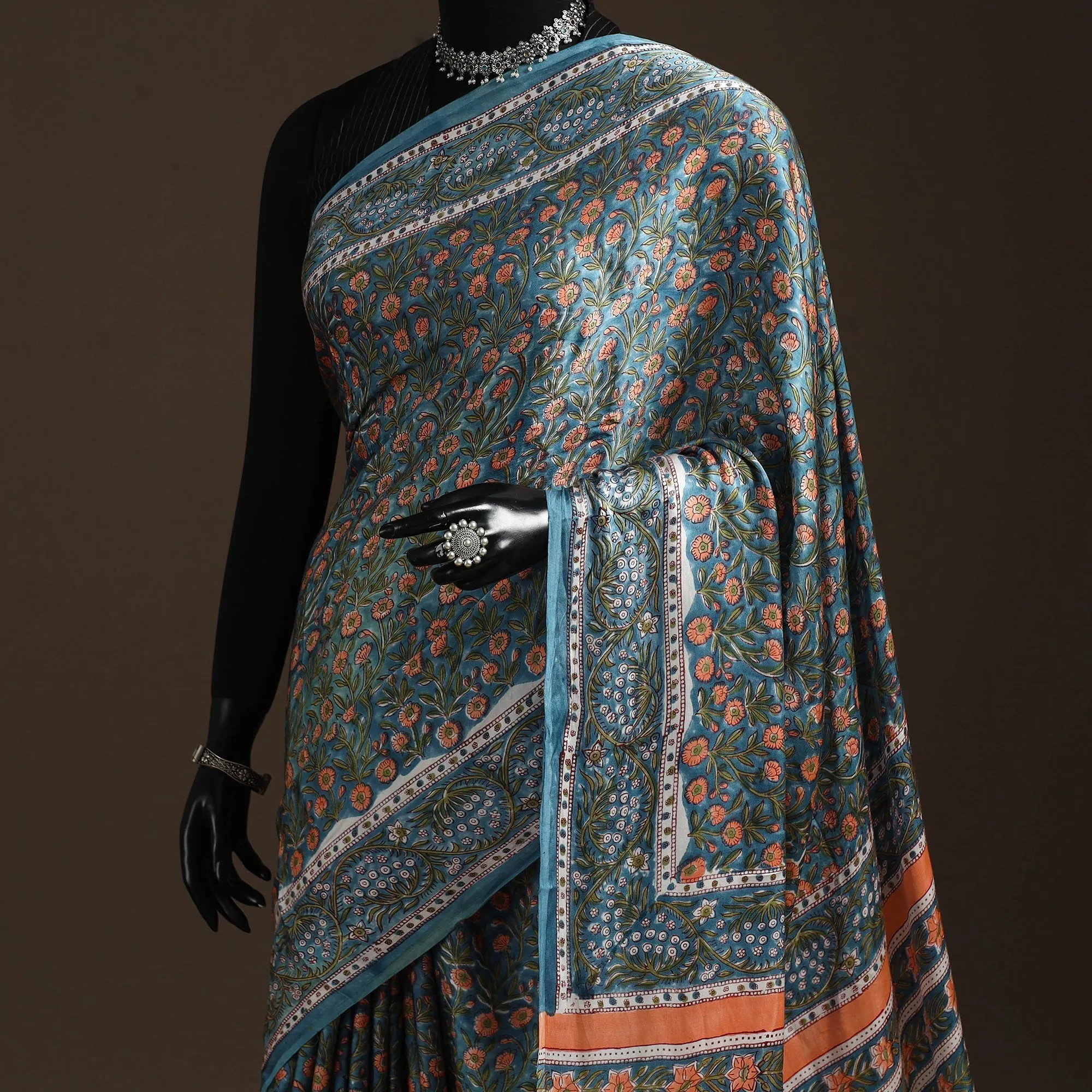 Blue - Modal Silk Hand Block Sanganeri Print Saree 09 sold by Itokri product image thumbnail 2