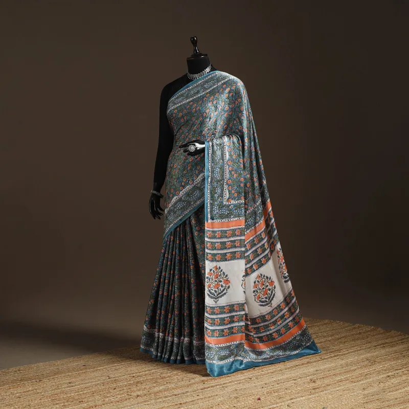 Blue - Modal Silk Hand Block Sanganeri Print Saree 09 sold by Itokri