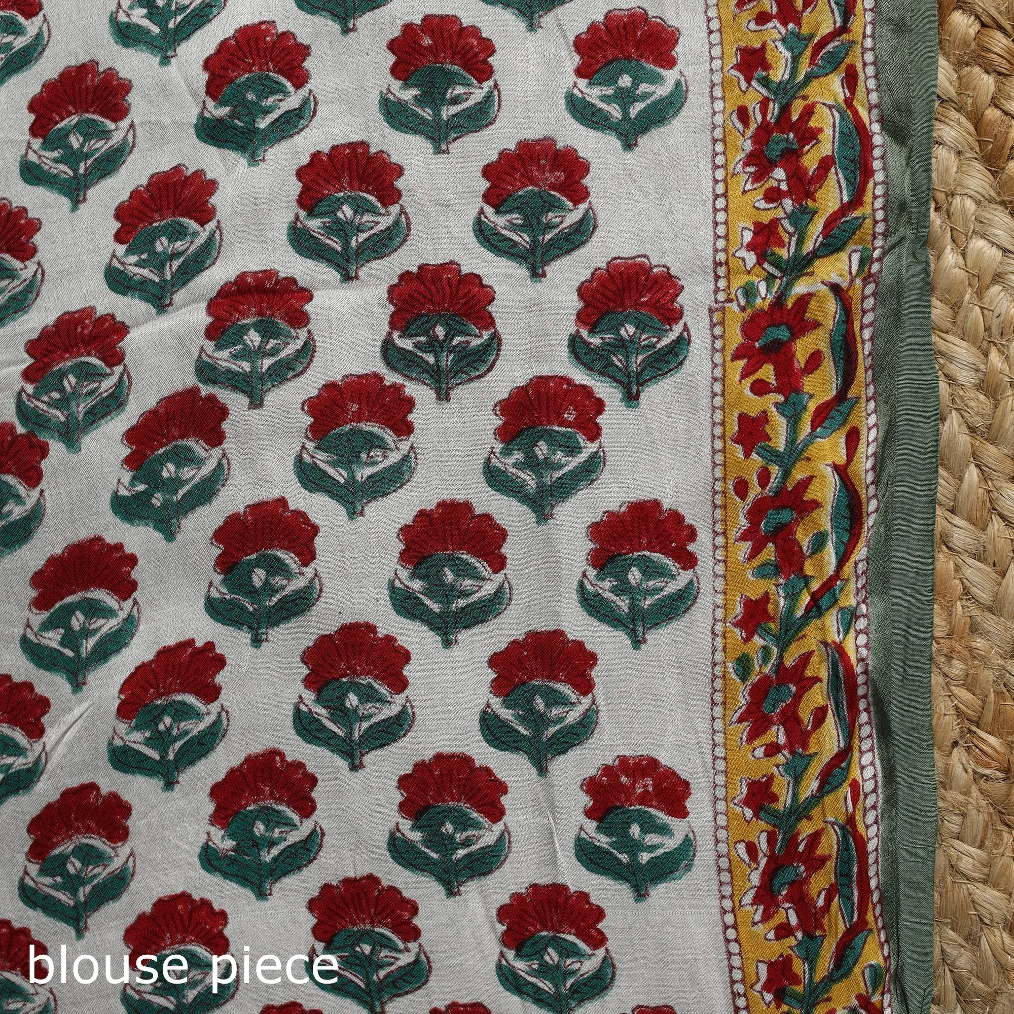 Green - Modal Silk Hand Block Sanganeri Print Saree 08 sold by Itokri product image thumbnail 5