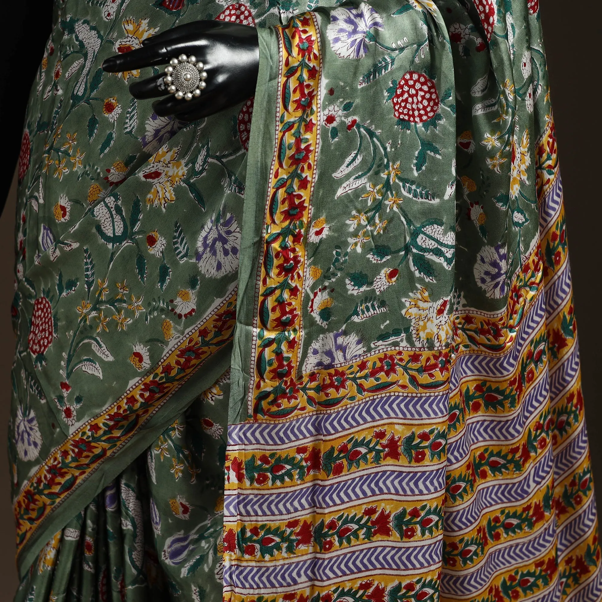 Green - Modal Silk Hand Block Sanganeri Print Saree 08 sold by Itokri product image thumbnail 3