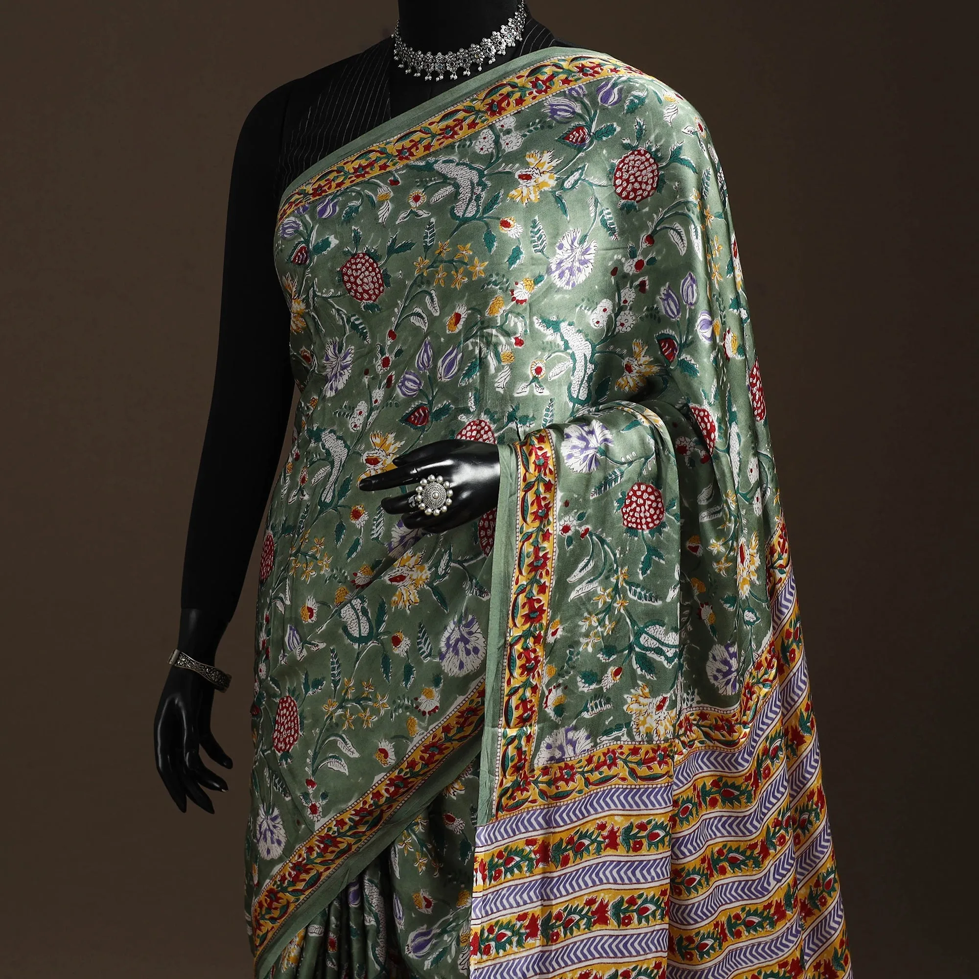 Green - Modal Silk Hand Block Sanganeri Print Saree 08 sold by Itokri product image thumbnail 2