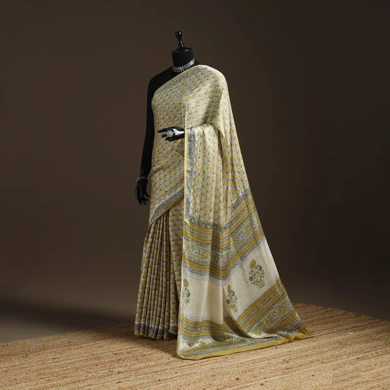 Yellow - Modal Silk Hand Block Sanganeri Print Saree 06 sold by Itokri