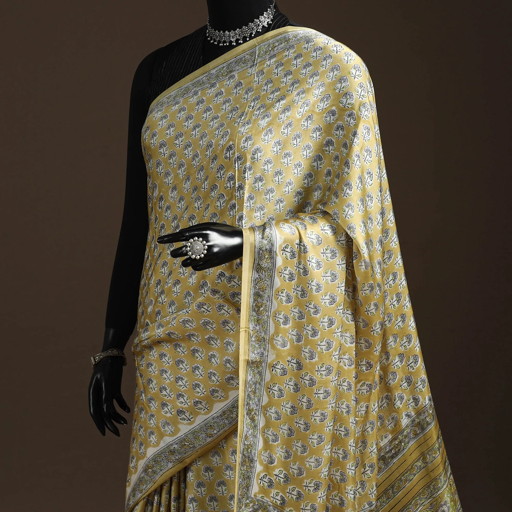 Yellow - Modal Silk Hand Block Sanganeri Print Saree 06 sold by Itokri product image thumbnail 2
