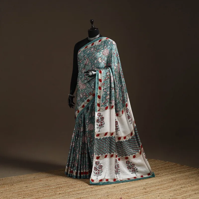 Green - Modal Silk Hand Block Sanganeri Print Saree 05 sold by Itokri