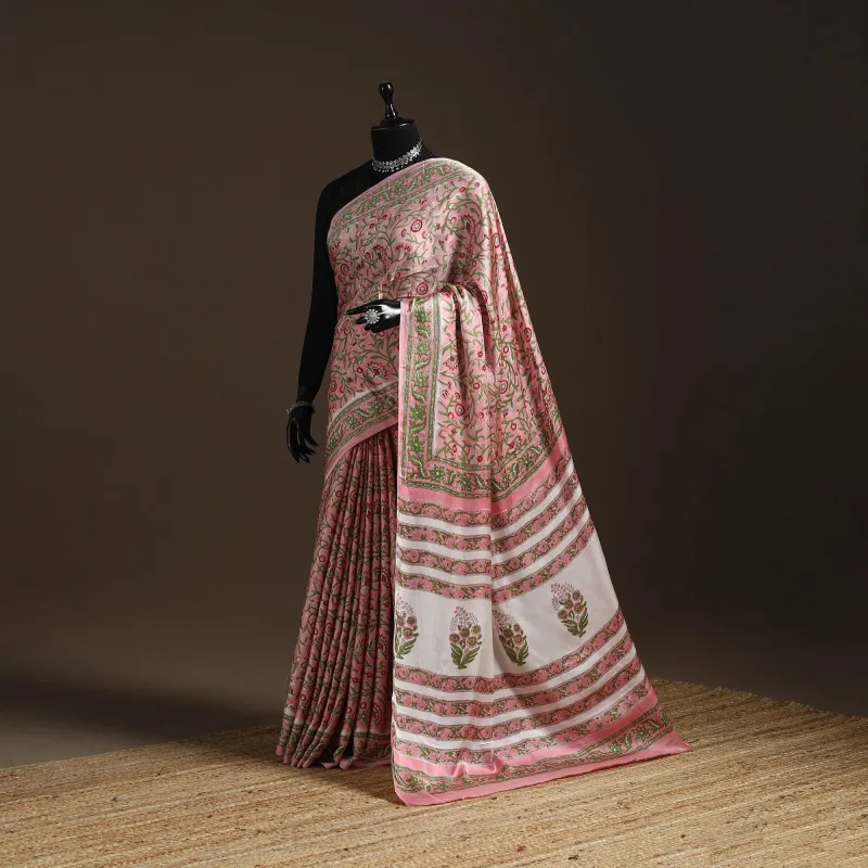 Pink - Modal Silk Hand Block Sanganeri Print Saree 04 sold by Itokri