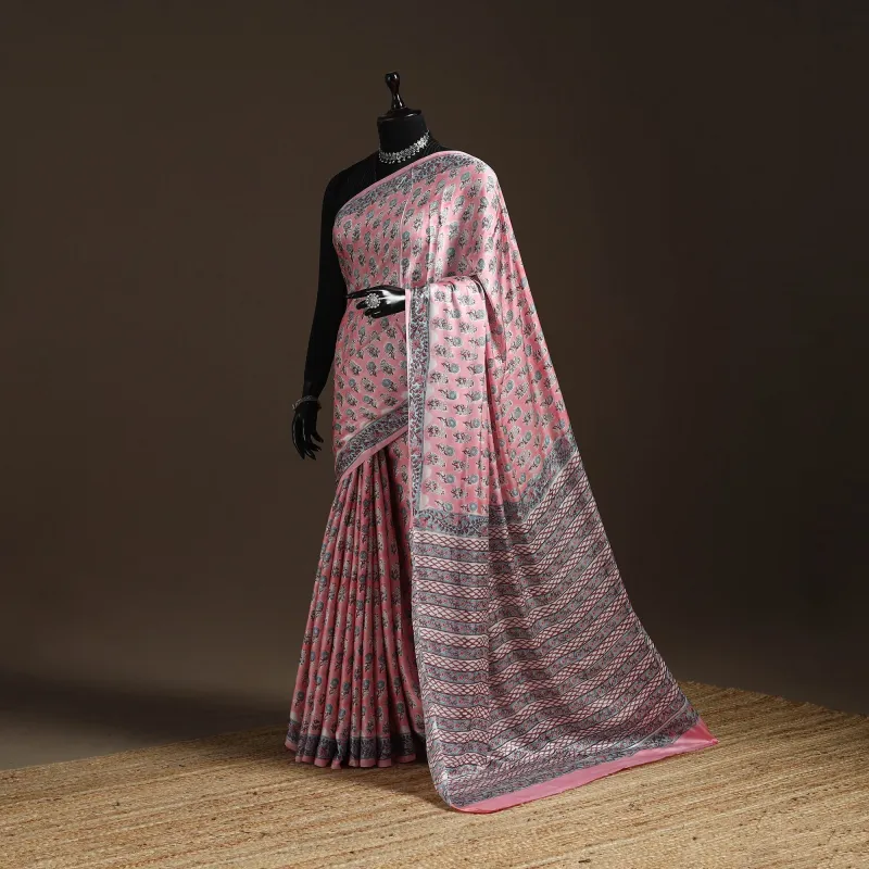 Pink - Modal Silk Hand Block Sanganeri Print Saree 03 sold by Itokri