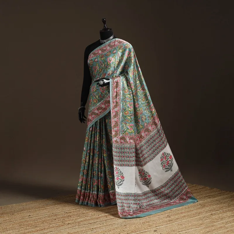 Green - Modal Silk Hand Block Sanganeri Print Saree 02 made by Itokri