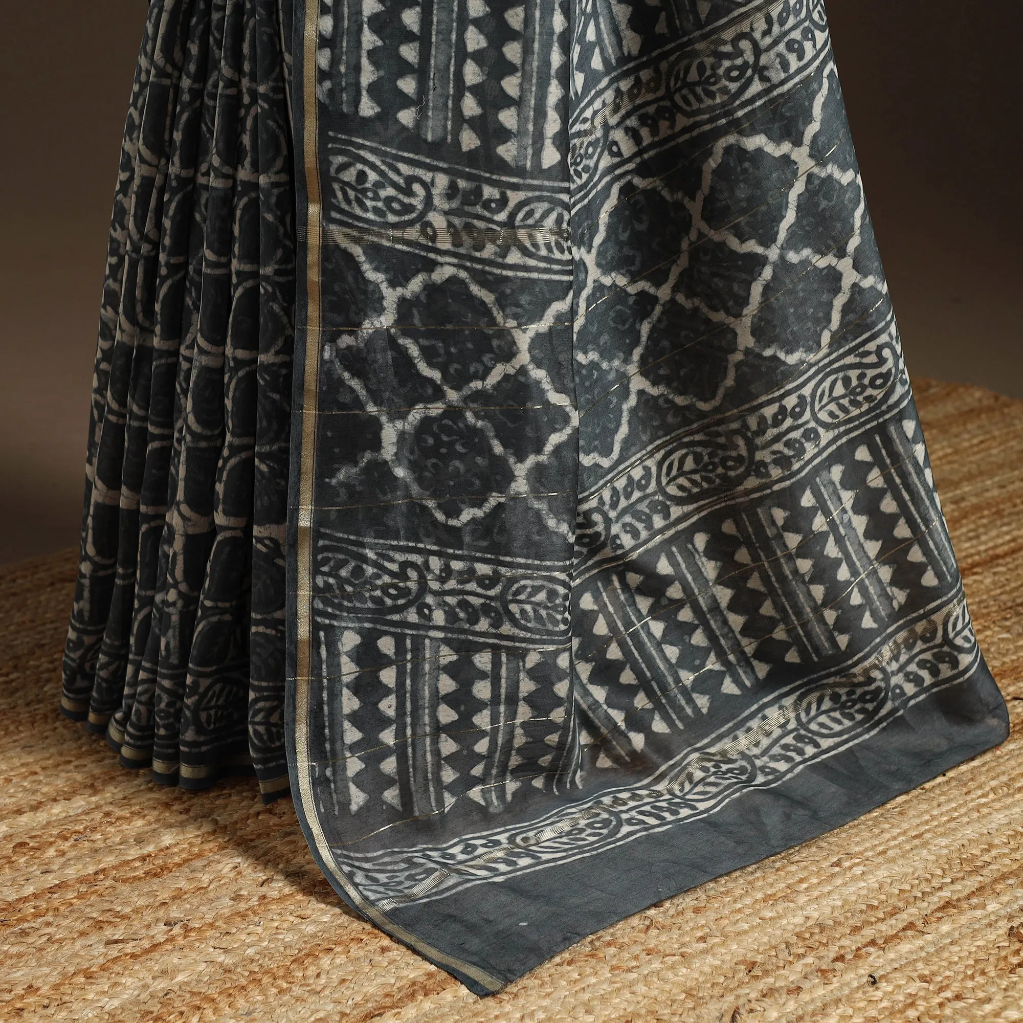 Grey - Chanderi Silk Hand Block Print Bagru Saree with Zari Border 21 sold by Itokri product image thumbnail 4