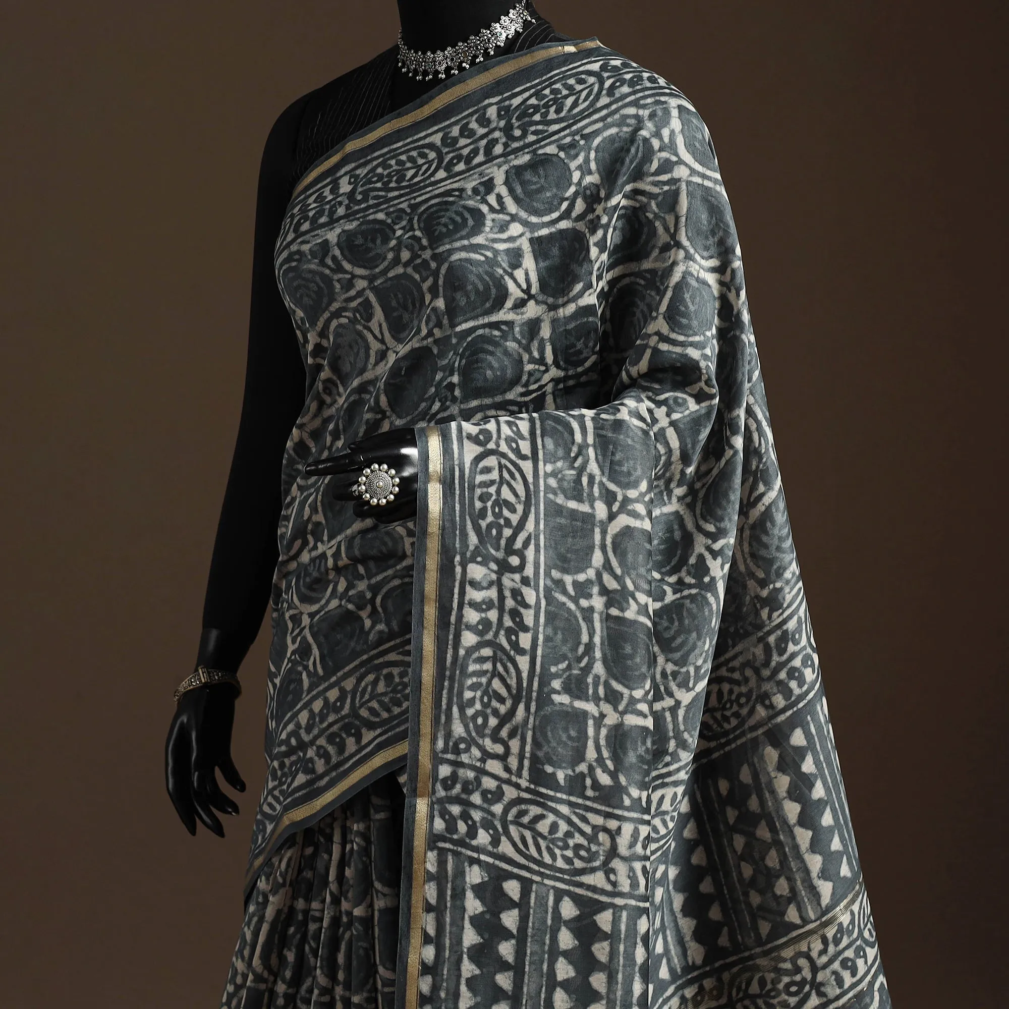 Grey - Chanderi Silk Hand Block Print Bagru Saree with Zari Border 21 sold by Itokri product image thumbnail 2