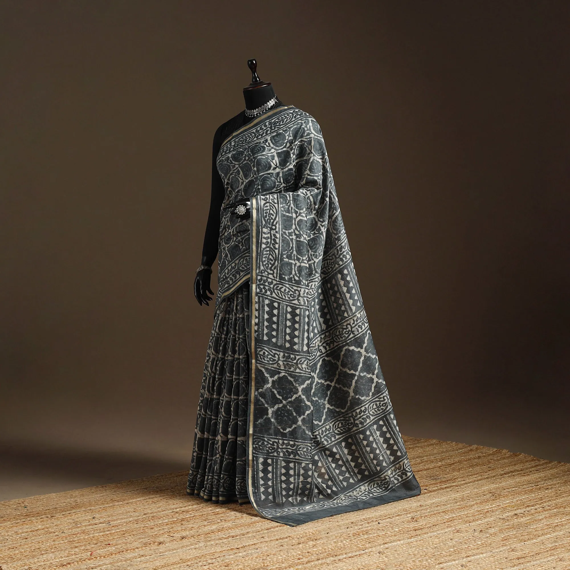 Grey - Chanderi Silk Hand Block Print Bagru Saree with Zari Border 21 sold by Itokri