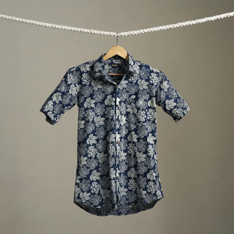 Blue - Block Print Cotton Men Half Sleeve Indigo Bagru Shirt 06 sold by Itokri