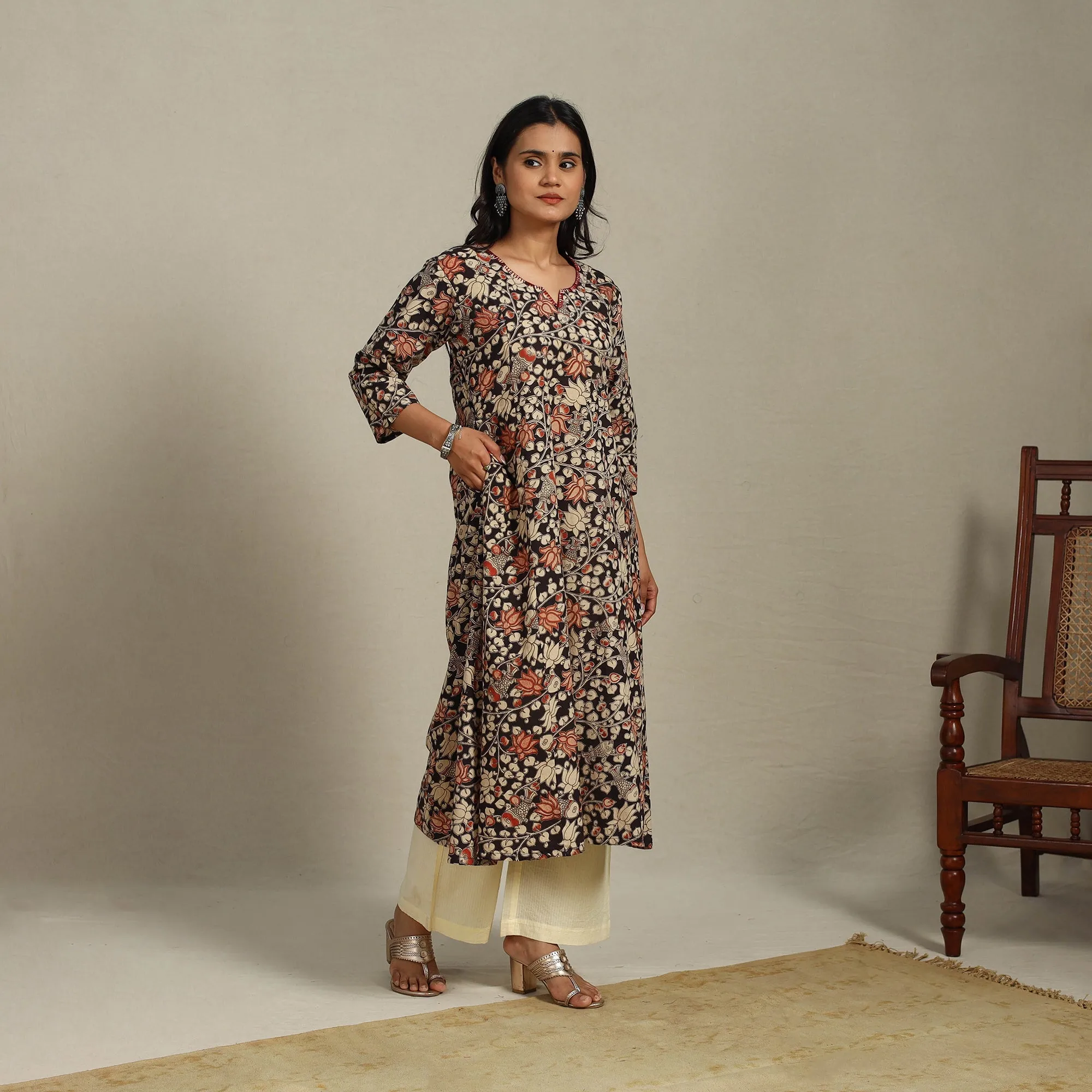 Black - Printed Cotton A-Line Kalamkari Kurta with Embroidery 08 sold by Itokri
