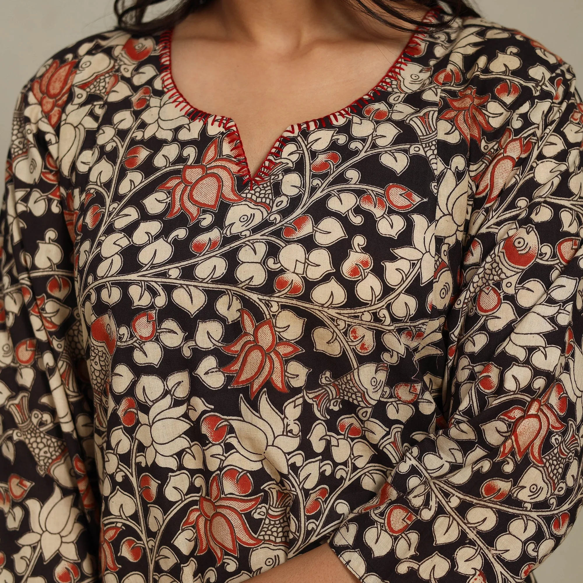 Black - Printed Cotton A-Line Kalamkari Kurta with Embroidery 08 sold by Itokri product image thumbnail 3