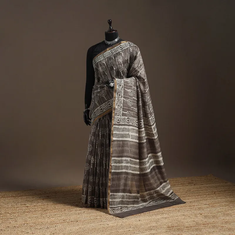 Brown - Chanderi Silk Hand Block Print Bagru Saree with Zari Border 19 sold by Itokri