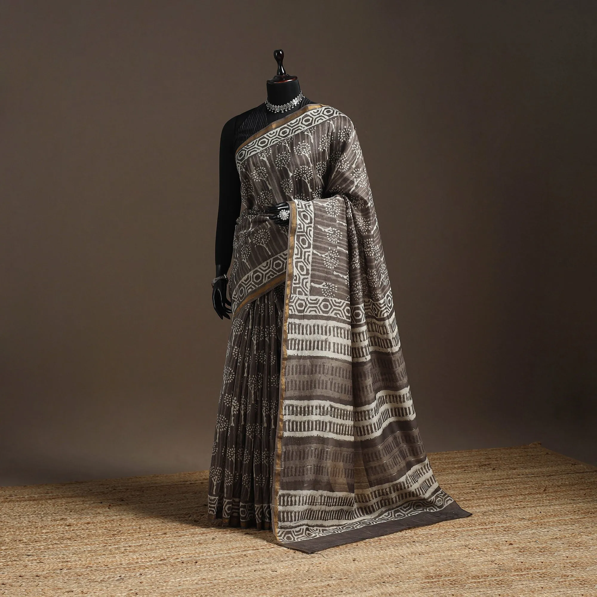 Brown - Chanderi Silk Hand Block Print Bagru Saree with Zari Border 19 sold by Itokri