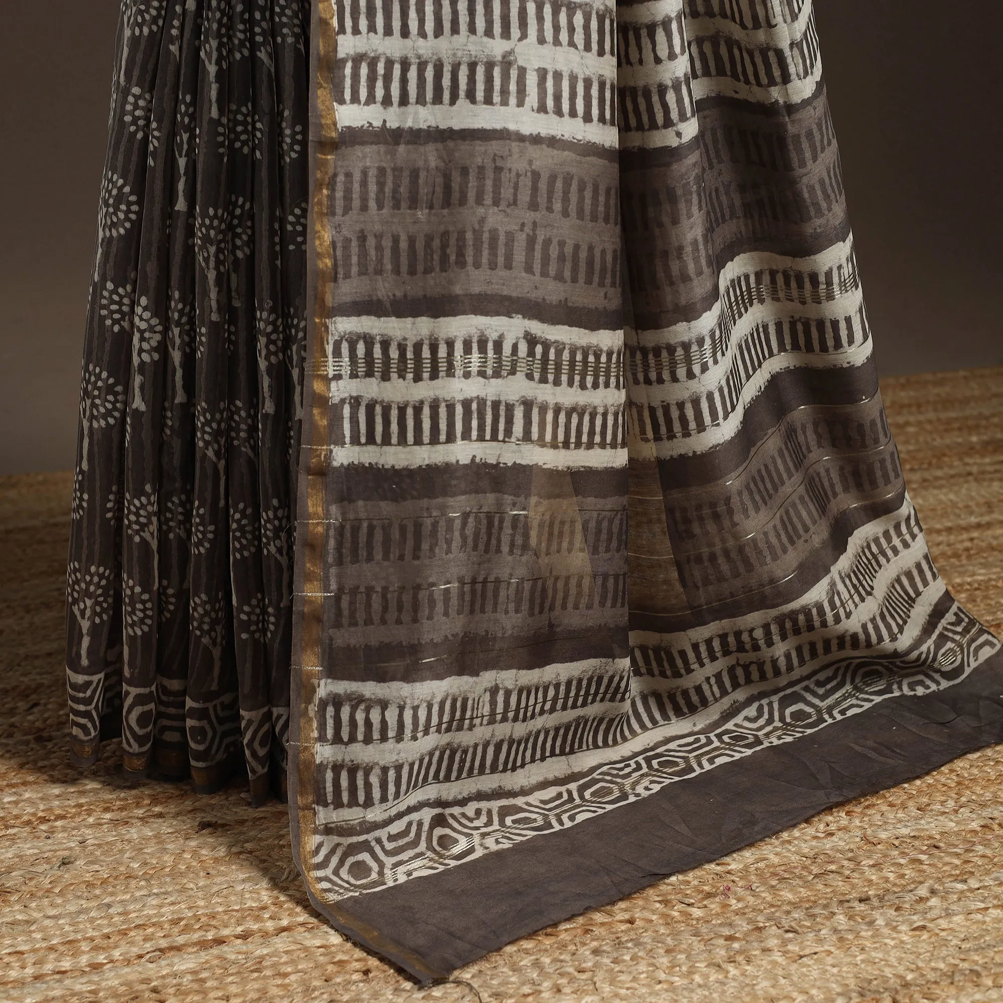 Brown - Chanderi Silk Hand Block Print Bagru Saree with Zari Border 19 sold by Itokri product image thumbnail 4