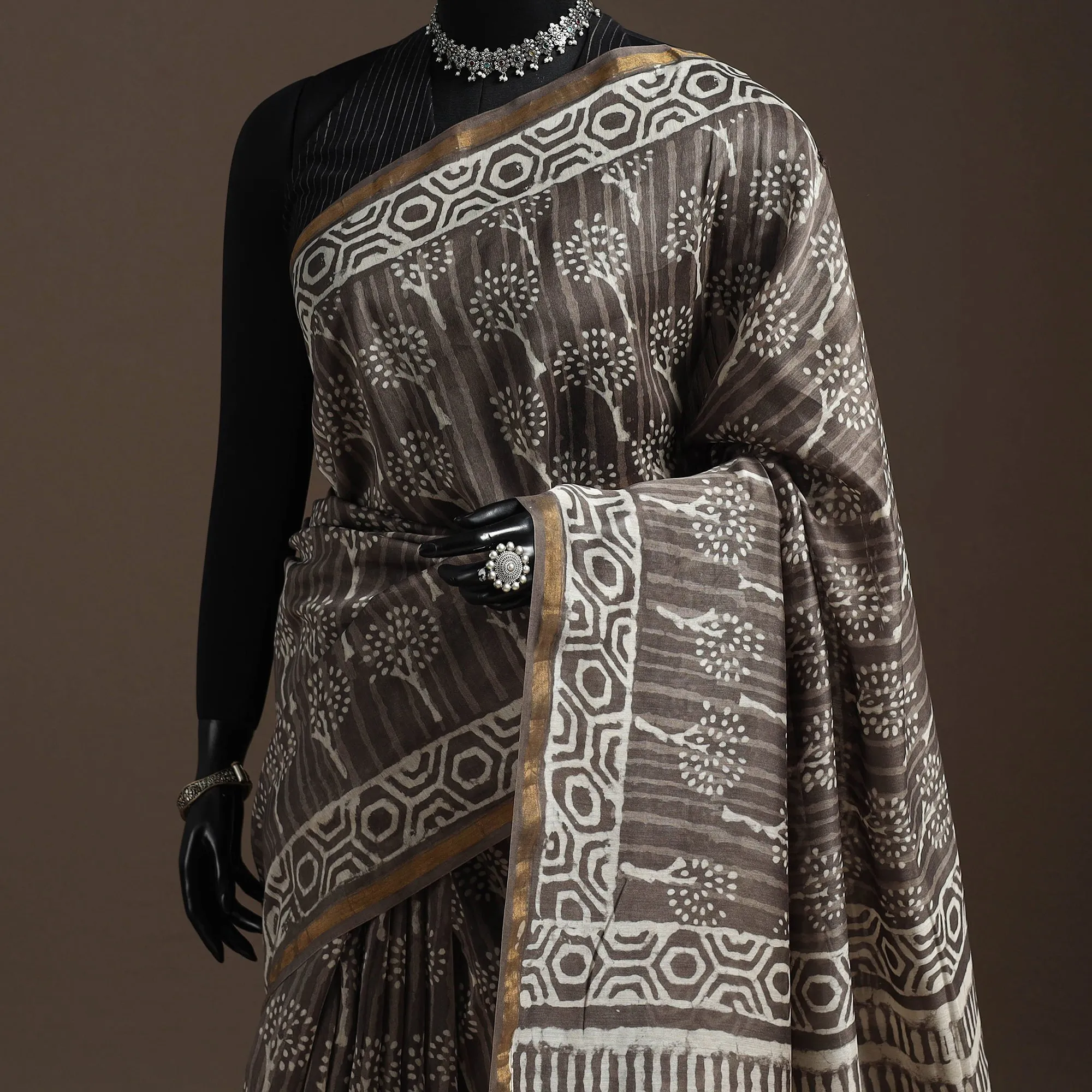 Brown - Chanderi Silk Hand Block Print Bagru Saree with Zari Border 19 sold by Itokri product image thumbnail 2