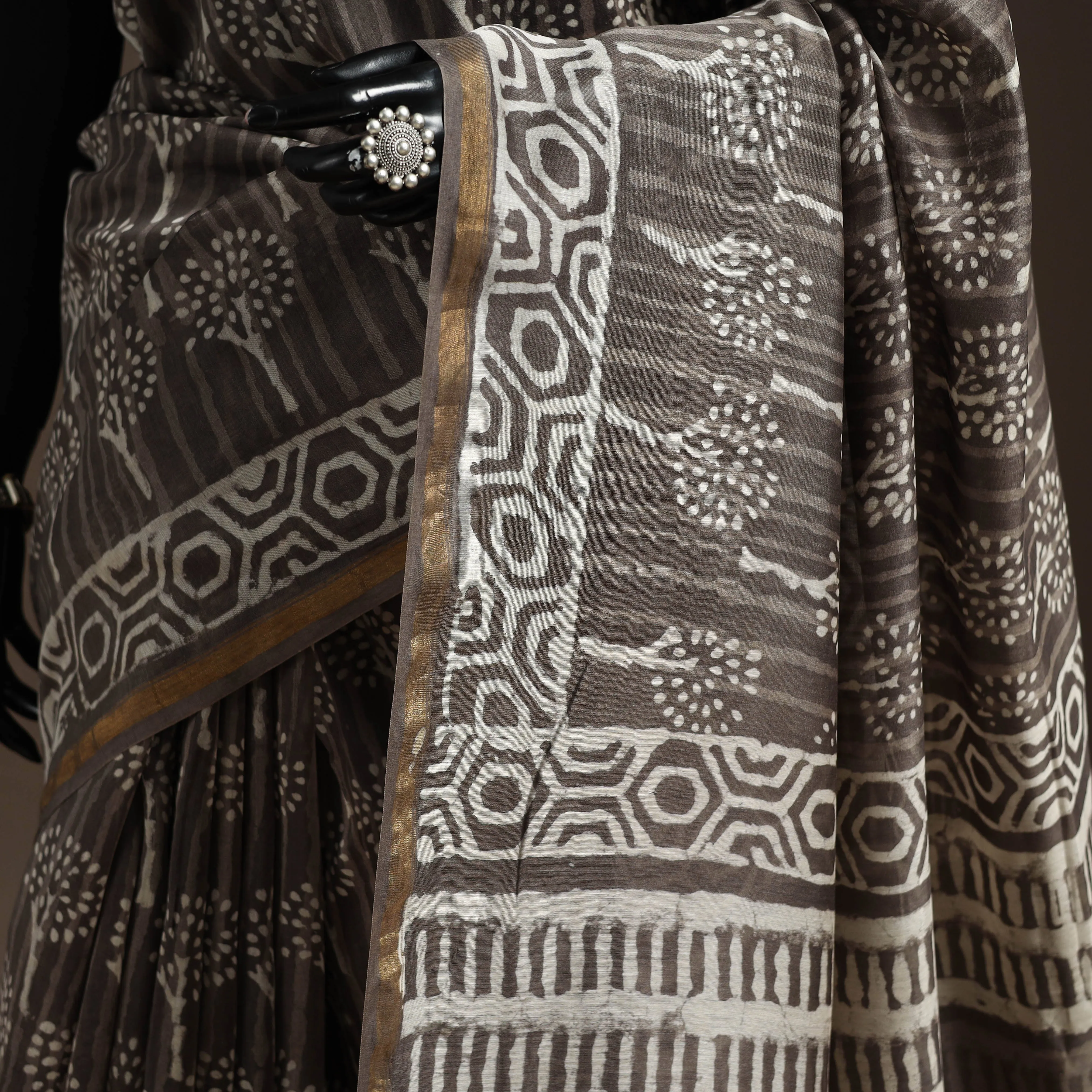 Brown - Chanderi Silk Hand Block Print Bagru Saree with Zari Border 19 sold by Itokri product image thumbnail 3