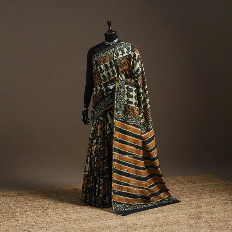 Multicolor - Chanderi Silk Hand Block Print Bagru Saree with Zari Border 18 sold by Itokri