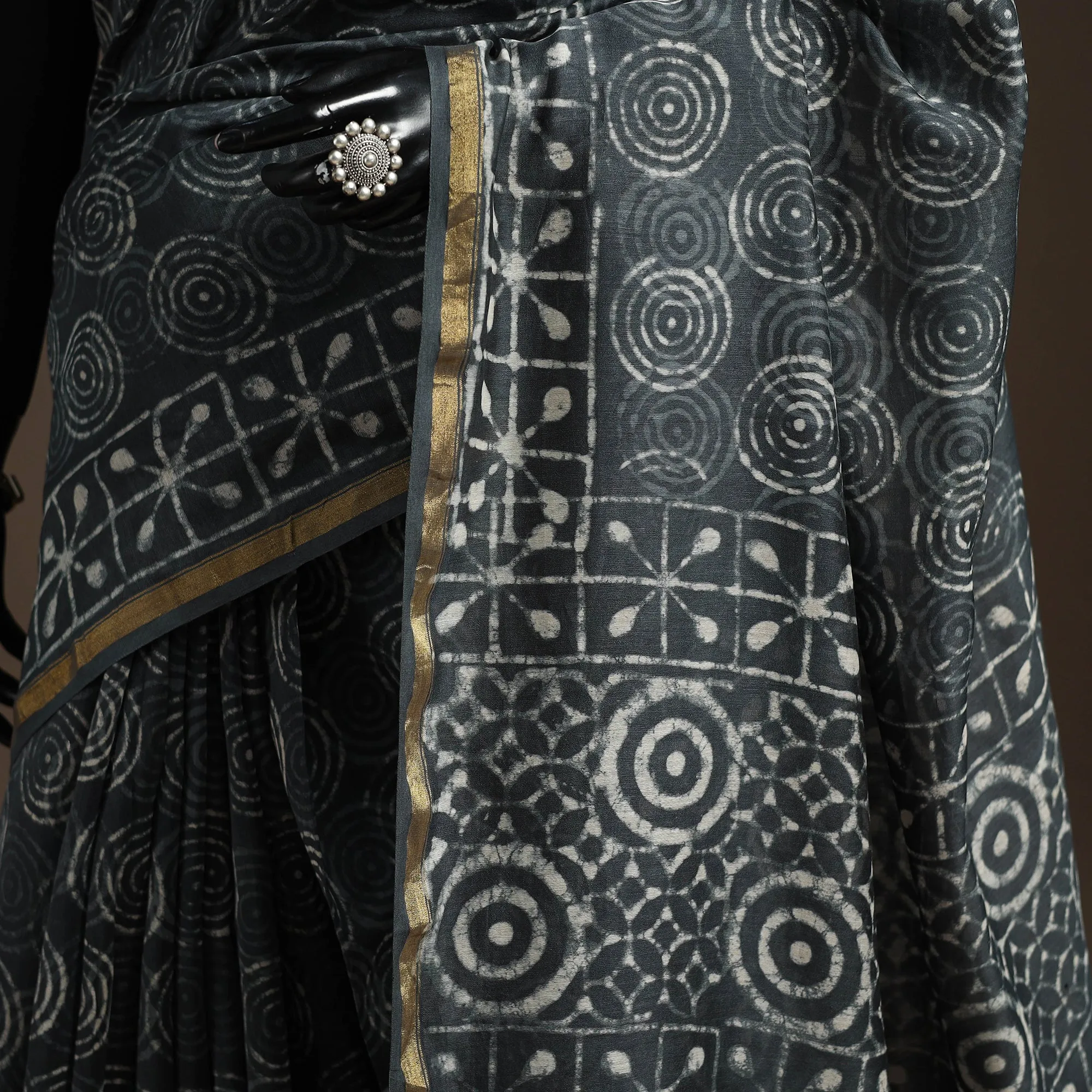 Grey - Chanderi Silk Hand Block Print Bagru Saree with Zari Border 16 sold by Itokri product image thumbnail 3