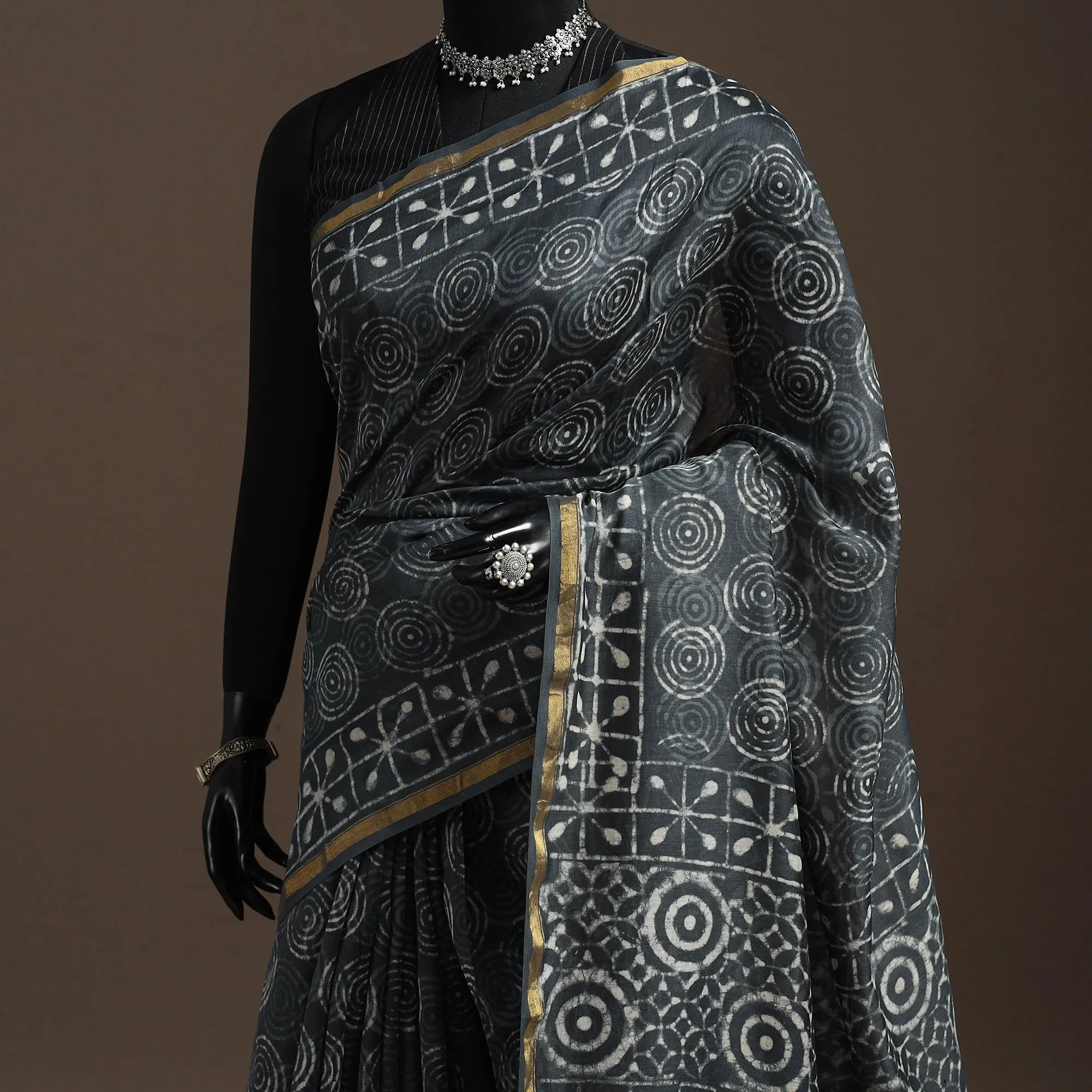 Grey - Chanderi Silk Hand Block Print Bagru Saree with Zari Border 16 sold by Itokri product image thumbnail 2